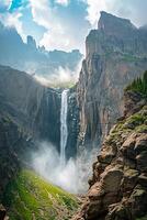 ai generiert Magier erfasst mächtig Wasserfall Kaskadierung Nieder robust, felsig Berg Cliff. das Himmel über ist teilweise wolkig Anzeige Leben inmitten das felsig Terrain ai generiert foto