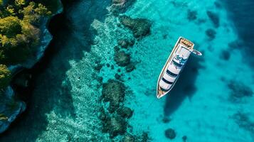 ai generiert Antenne Drohne oben Nieder Ultra breit Foto von Luxus Yacht verankert im tropisch exotisch Insel ai generiert