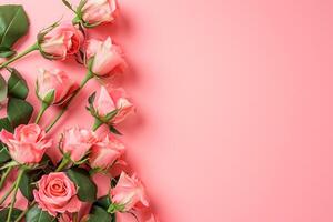 ai generiert Rosa Blume hölzern Hintergrund. Hochzeit Einladung Valentinstag Tag oben Aussicht leeren Raum ai generiert foto