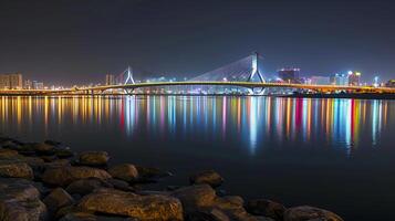 ai generiert heiter Nacht Szene mit ein architektonisch modern Brücke ai generiert foto