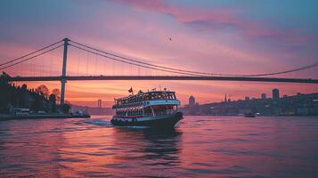 ai generiert Aussicht von ein Boot Kreuzung ein Fluss mit ein Suspension Brücke überspannend es beim Sonnenuntergang ai generiert foto