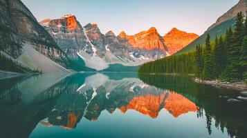 ai generiert Foto von still See umgeben durch hoch aufragend Berge und üppig Grün Wälder. das Bild erfasst atemberaubend Aussicht von makellos See reflektieren das Umgebung Landschaft. ai generiert