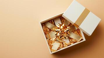 ai generiert Enthüllung Luxus 3d Geschenk Box mit Gold Band, leeren Raum, oben Sicht, ai generiert foto