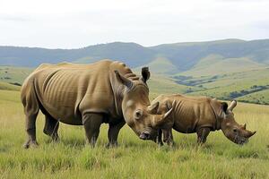 ai generiert Nashorn und es ist Kalb Weiden lassen im ein riesig Wiese mit rollen Hügel im das Hintergrund ai generiert foto