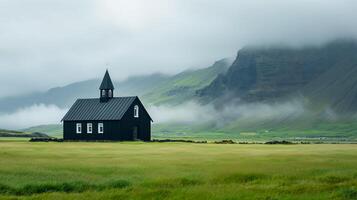 ai generiert Foto Island Landschaft von schön Kirche neblig Berge im das Hintergrund ai generiert