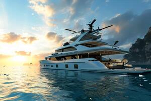 ai generiert 3d Illustration von ein Luxus Super Yacht mit ein Hubschrauber, ein Schwimmen Schwimmbad und Whirlpool ai generiert foto