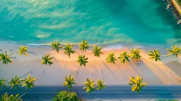 ai generiert tropisch Strand mit klar Blau Gewässer, golden Sand, und üppig Grün Palme Bäume. das Bild erfasst ein Antenne Aussicht von malerisch tropisch Strand während das golden Stunde ai generiert foto