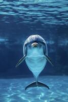 ai generiert Delfin untergetaucht im Wasser, mit es ist Oberer, höher Körper und Kopf sichtbar ai generiert foto