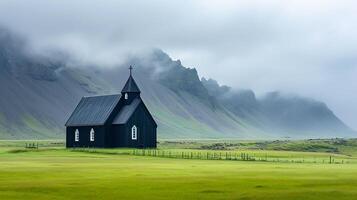 ai generiert Foto Island Landschaft von schön Kirche neblig Berge im das Hintergrund ai generiert