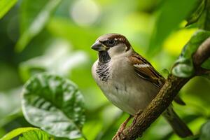 ai generiert Spatz thront auf ein Zweig, umgeben durch üppig Grün ai generiert foto