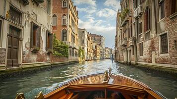 ai generiert schön Szene von Venedig, mit ein Fokus auf ein eng Kanal umgeben durch groß, alt Gebäude ai generiert foto