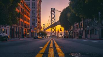 ai generiert schön Aussicht von groß Suspension Brücke Das erweitert über das rahmen, beleuchtet durch das Sanft glühen von das Rahmen Sonne von das Sonnenuntergang ai generiert foto