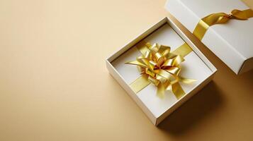 ai generiert golden Geschenk oben Aussicht von 3d Luxus Geschenk Box mit Band, leeren Raum, ai generiert foto