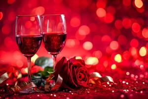 ai generiert Brille Wein, blühte rot Rose golden Band, romantisch Thema Feierlichkeiten von Liebe ai generiert foto