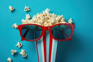 ai generiert spannend Filme mit 3d Brille und Popcorn. foto