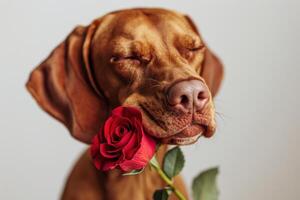 ai generiert rothaarig vizsla Hund hält rot Rose zum Valentinsgrüße Tag. foto