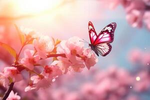 ai generiert Frühling Natur Szene mit Blühen Baum und Schmetterling foto