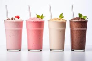 ai generiert frisch Milchshakes Erdbeere Vanille und Schokolade Aromen. foto