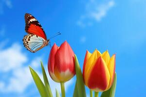 ai generiert bunt Schmetterling auf Tulpe Blume gegen Blau Himmel foto