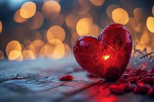 ai generiert Valentinsgrüße Tag Karte mit rot Herz auf Bokeh Hintergrund. foto
