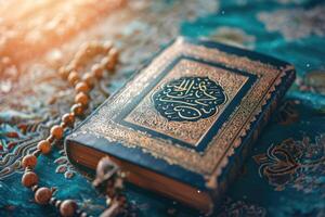 ai generiert islamisch heilig al Koran mit Arabisch Kalligraphie und tasbih Perlen foto