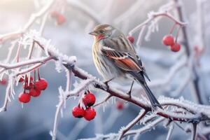 ai generiert gefroren Spatz thront auf schneebedeckt Hagebutte Ast foto