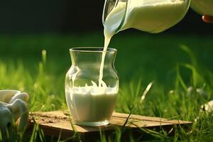 ai generiert frisch Milch gegossen in Glas mit Gras und Kühe. foto