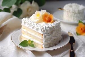 ai generiert köstlich Weiß Kuchen auf ein Stand foto