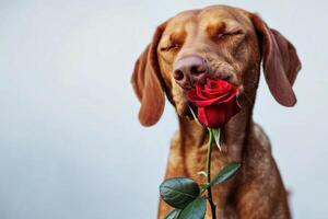 ai generiert rothaarig vizsla Hund hält rot Rose zum Valentinstag Tag foto