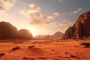 ai generiert Wüste Landschaft von Wadi Rum im Jordan mit ein Sonnenuntergang Steine Gebüsch und das Himmel. foto