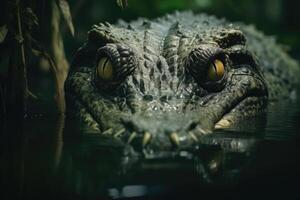 ai generiert Nahansicht Tierwelt Fotografie von gefährlich Krokodil im Mangrove Wald. foto
