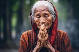 ai generiert achtsam Psychologie zum Alten asiatisch Frau Gebet. foto