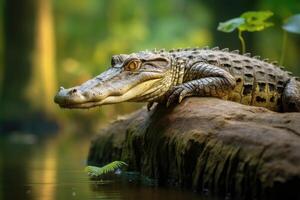 ai generiert jung Krokodil auf Stock im sri Lanka Fluss. foto