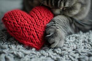 ai generiert Valentinstag Tag Katze mit rot gestrickt Herz auf Postkarte foto