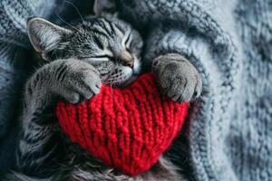 ai generiert Valentinstag Tag Katze mit rot gestrickt Herz auf Postkarte foto