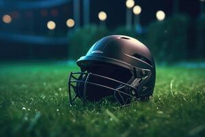 ai generiert Kricket Fans Helm auf Grün Gras mit konzentriert Beleuchtung. foto