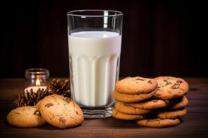 ai generiert Milch und Kekse auf hölzern Hintergrund foto