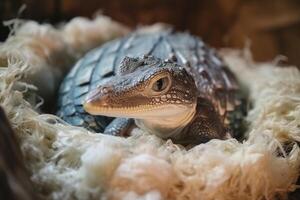 ai generiert Baby frisches Wasser Krokodile Luke beim Bauernhof. foto