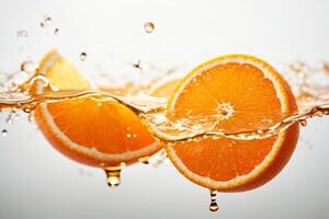 ai generiert Wasser Spritzen auf Orange mit Minze isoliert auf Weiß foto