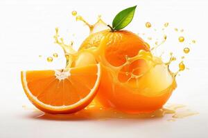 ai generiert Wasser Spritzen auf Orange mit Minze isoliert auf Weiß foto