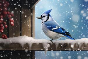 ai generiert Blau Jay auf schneebedeckt Feeder im Winter foto