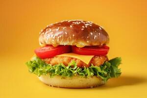 ai generiert köstlich Fisch Burger mit Tomaten Käse Scheiben und frisch Grüner Salat auf Gelb und rot Hintergrund foto