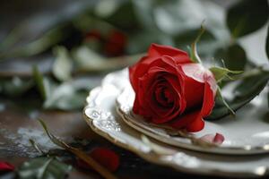 ai generiert Valentinstag Tag Mahlzeit mit rot Rose foto