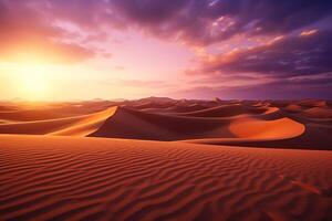 ai generiert Sonnenuntergang Über das Sand Dünen Sahara Wüste Marokko Afrika foto