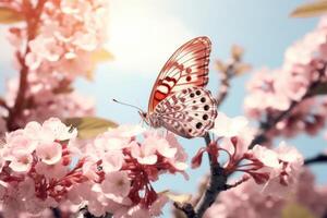 ai generiert Frühling Jahrgang Schmetterling und Kirsche Baum Blume foto