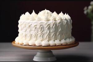 ai generiert köstlich Weiß Kuchen auf ein Stand foto