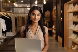 zuversichtlich indisch asiatisch Unternehmer im Boutique mit Laptop foto