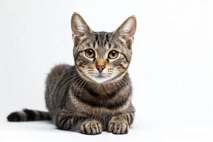 ai generiert Studio Porträt von ein Sitzung Tabby Katze suchen nach vorne gegen ein Weiß Hintergrund foto