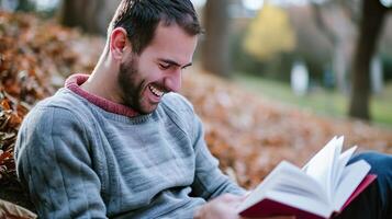 ai generiert glücklich Mann lesen ein Buch, Freizeit und Zufriedenheit foto