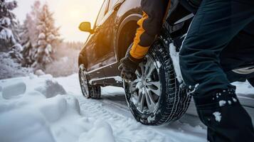 ai generiert Experte Techniker stellt sicher ein sicher Reiten mit Winter und Sommer- Reifen Ersatz foto
